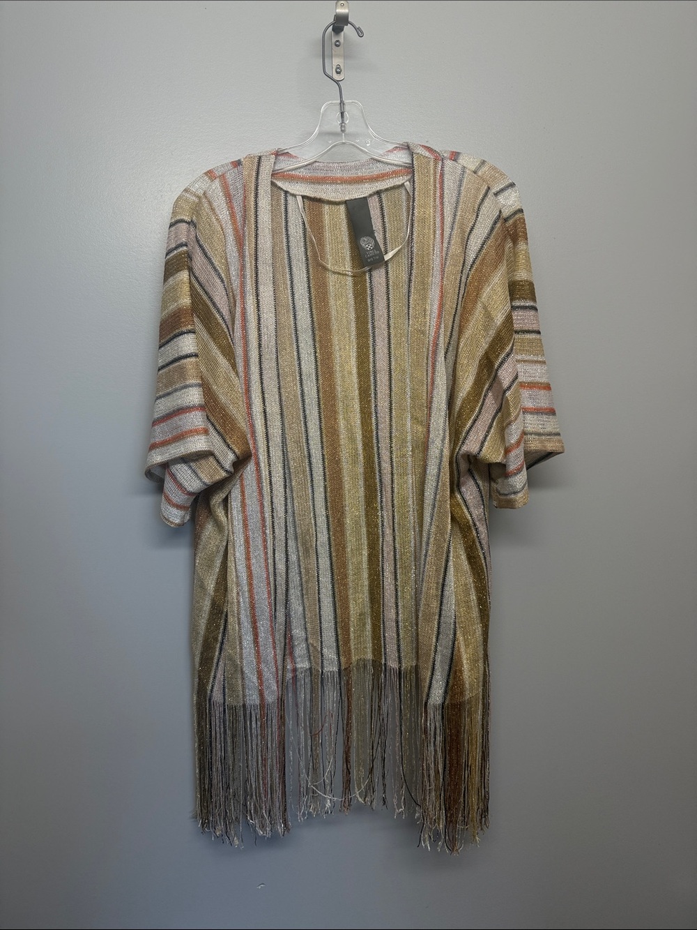 Vince Camuto Metallic Gold and Silver Striped Knit Fringe Cardigan Orange Accent